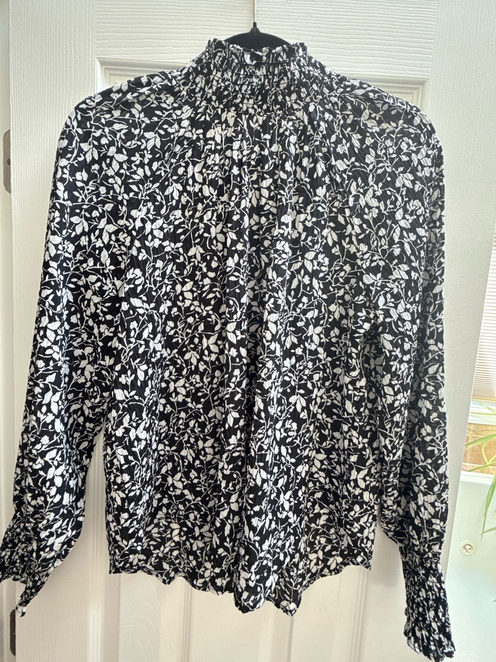 LOFT Black and White Floral Smocked-Blouse